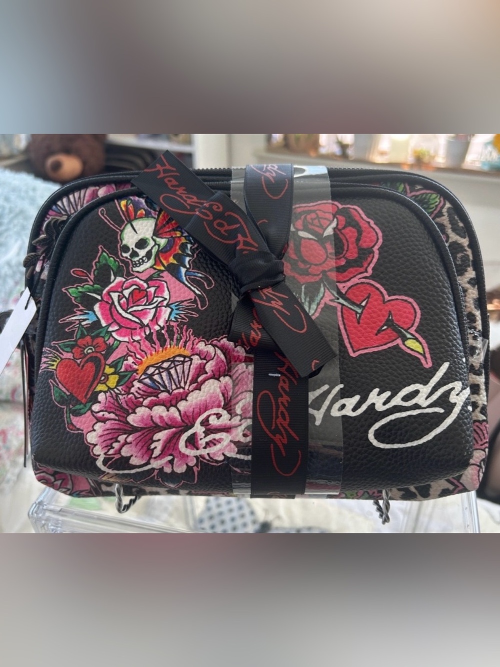Ed Hardy Black Floral Tattoo Cosmetic Bag with Pink & Red Accents